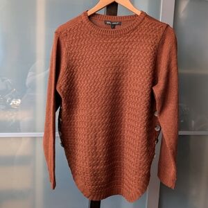 Kathy Ireland Textured Brown Knit Sweater With Side Button Detail - Large